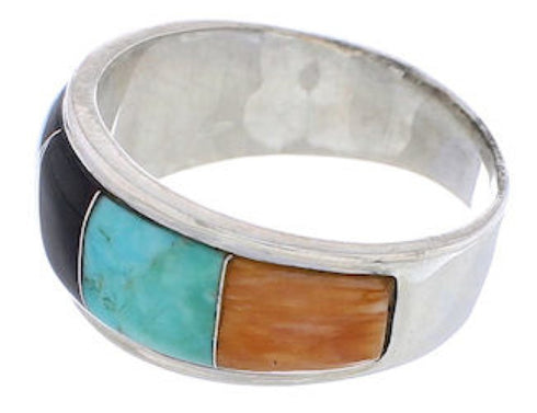 Sterling Silver Multicolor Inlay Jewelry Ring Size 7-1/4 UX35997